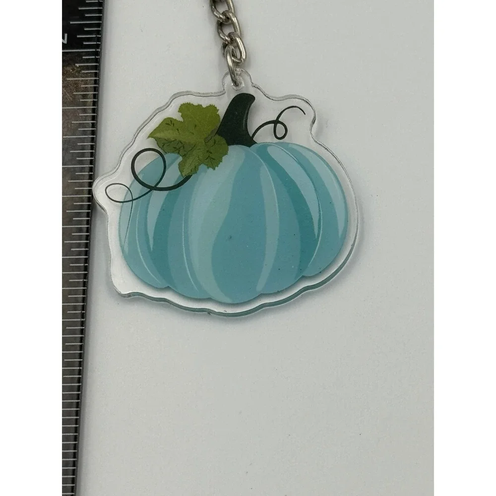 Blue Pumpkin Acrylic Keychain‎ Fall Autumn Harvest Bag Charm Silver Ring